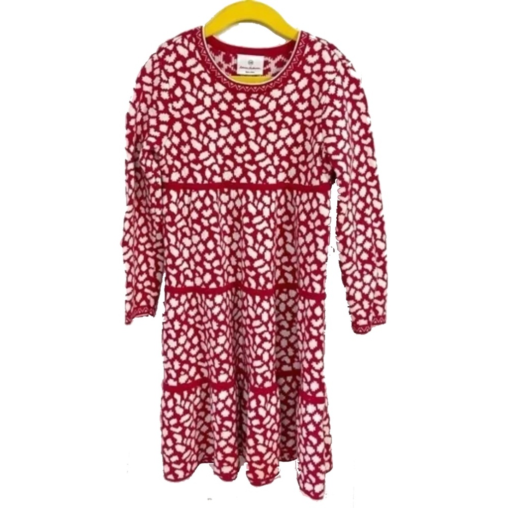 Hanna Andersson Red and White Tiered Cheetah Sweater Dress Girl’s Size 120 4T